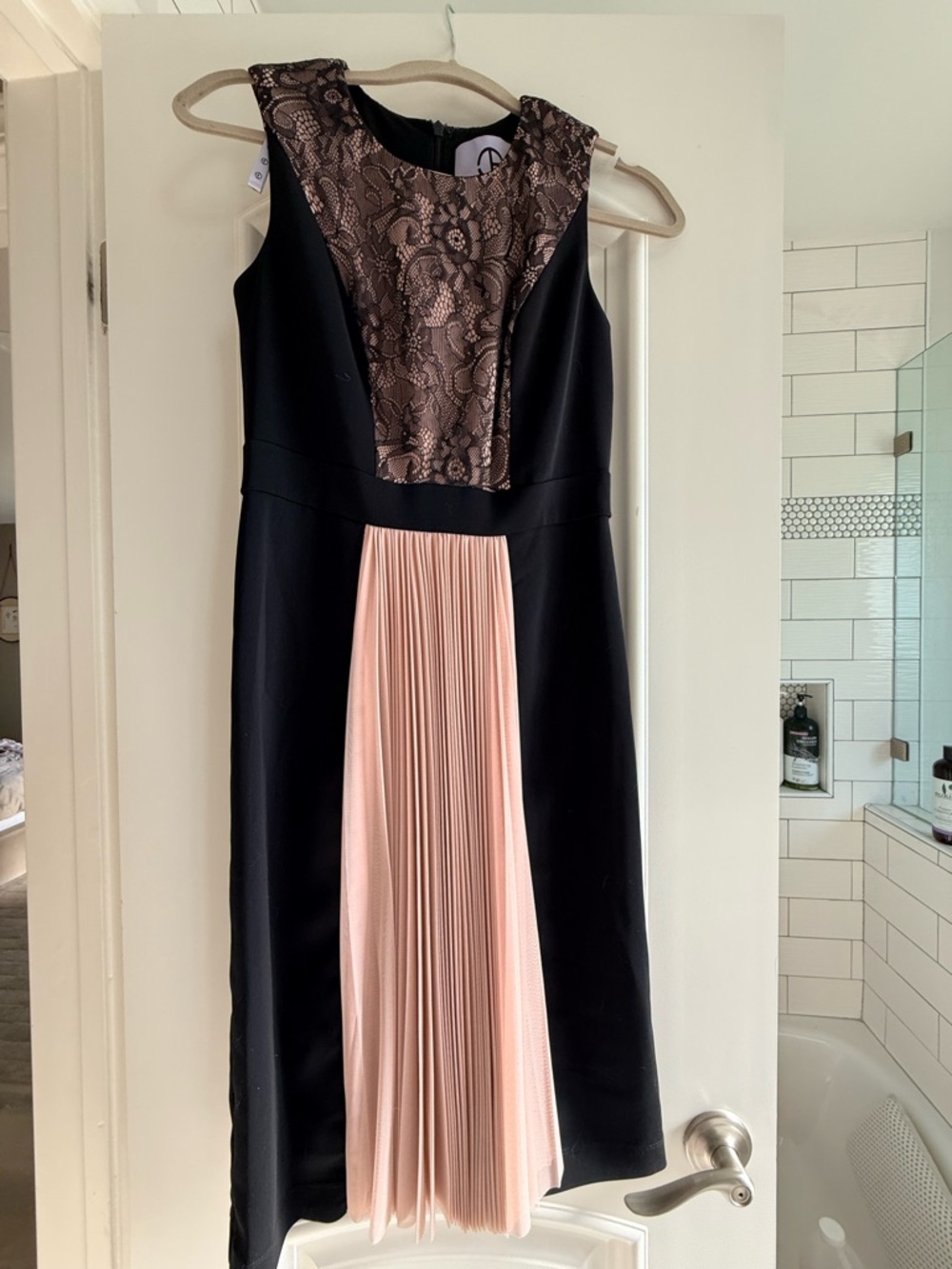 JS Collections Black Dress with Blush Pleated Front and Lace Bodice